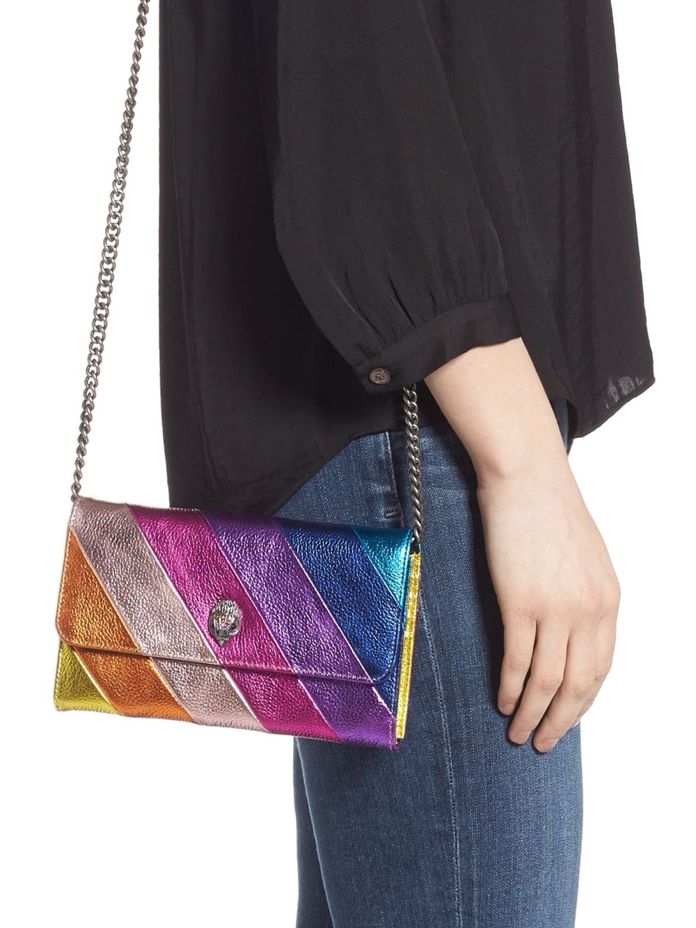 Kurt Geiger Metallic Rainbow stripe leather chain wallet